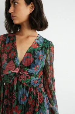 Floral Metallic Plisse Tiered Twist Midi Dress