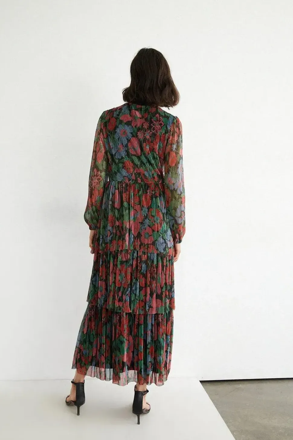Floral Metallic Plisse Tiered Twist Midi Dress