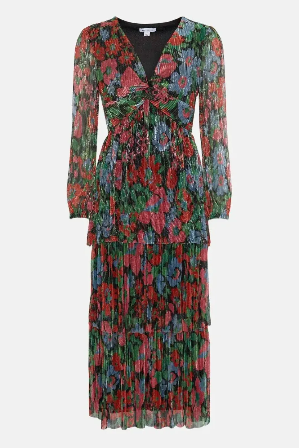 Floral Metallic Plisse Tiered Twist Midi Dress