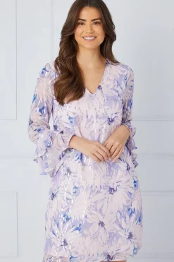 Floral Metallic Ruffle Sleeve Shift Dress