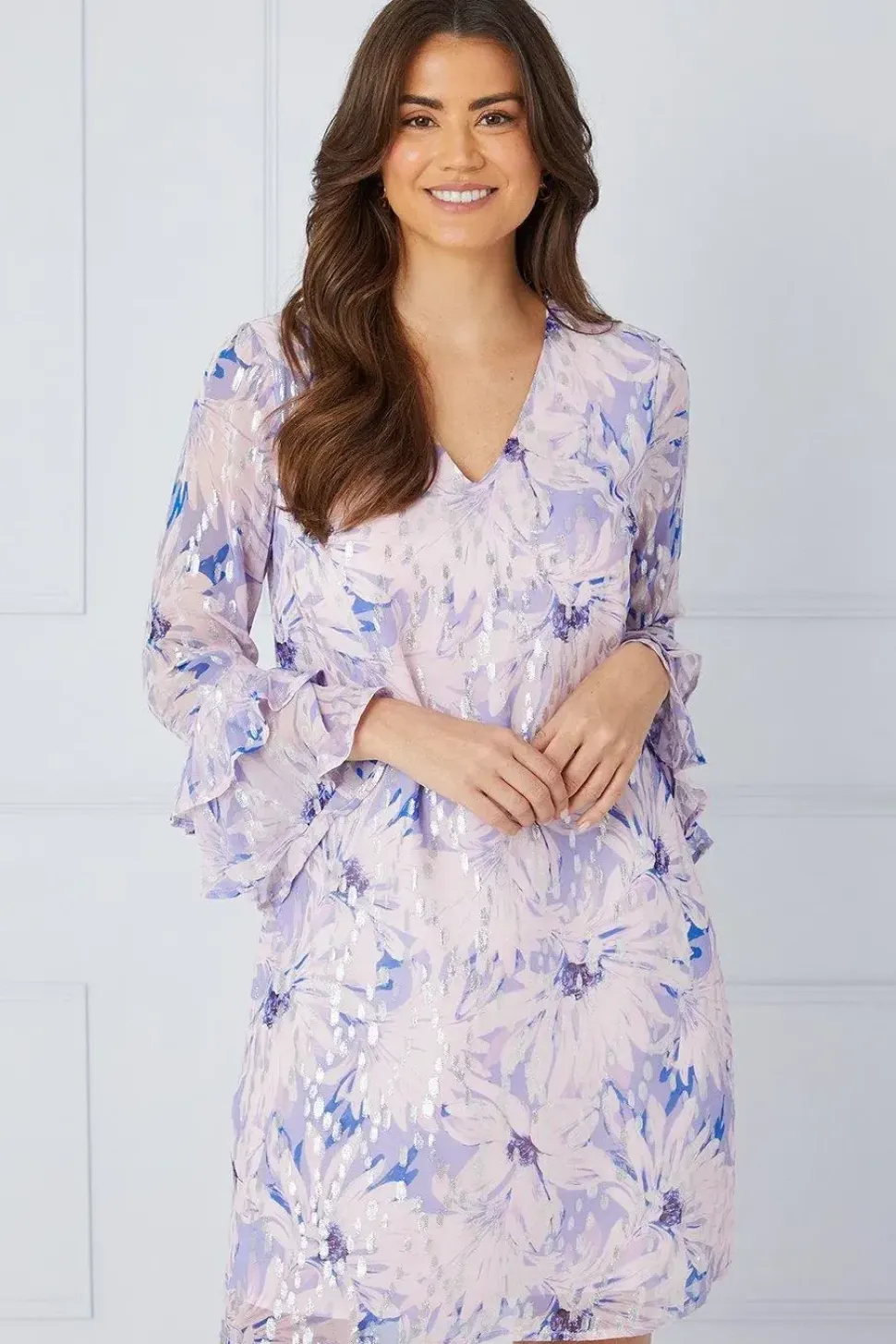 Floral Metallic Ruffle Sleeve Shift Dress