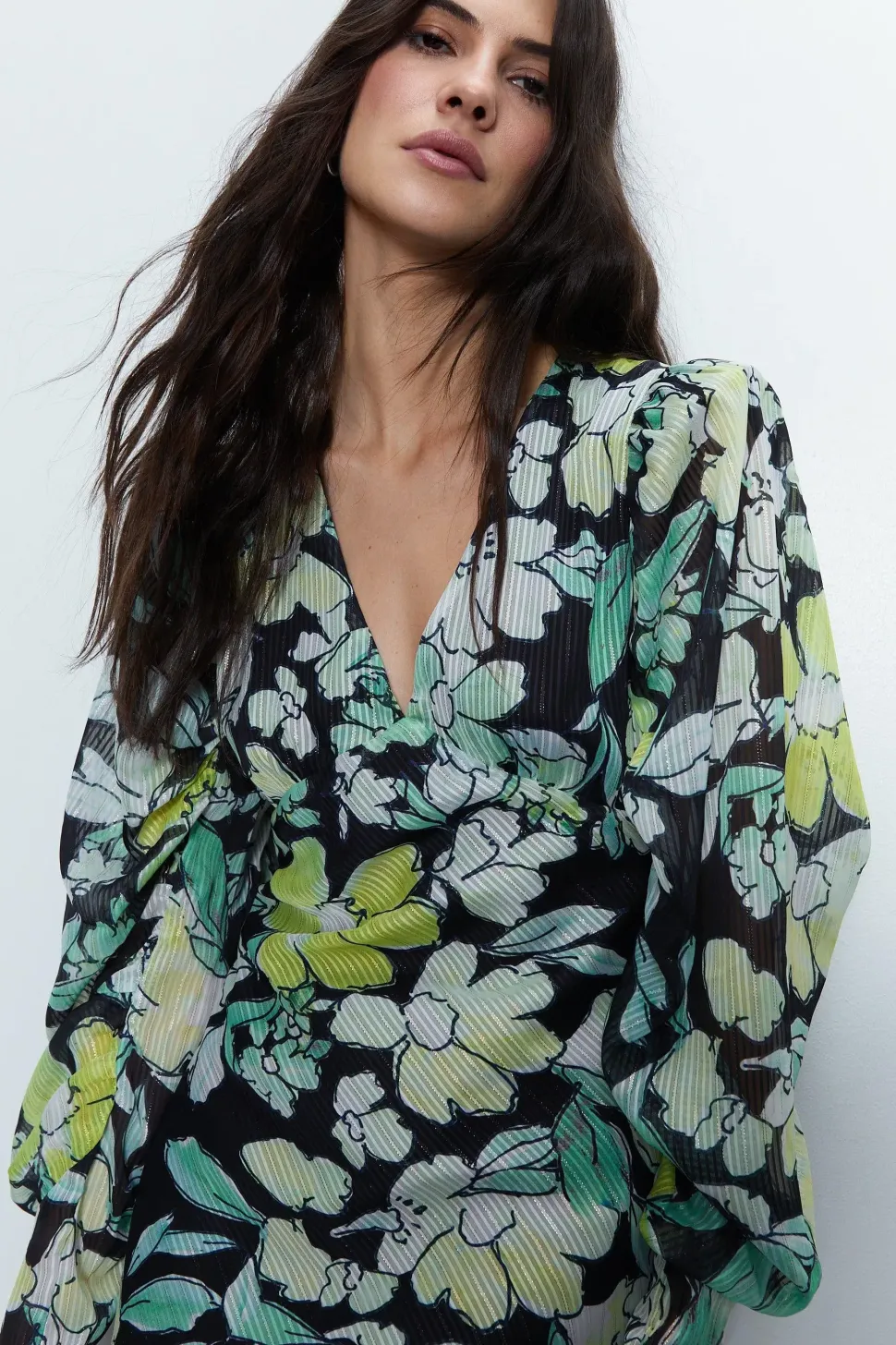 Floral Metallic Stripe Printed Midi Dress