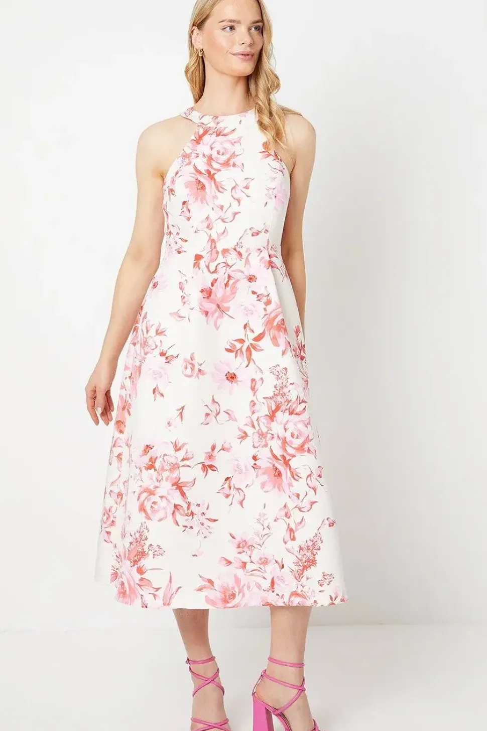 Floral Ottoman Twill Halter Midi Dress