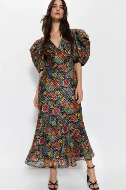 Floral Paisley Print Puff Sleeve V Neck Dress