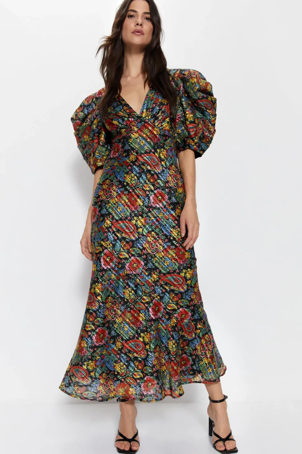 Floral Paisley Print Puff Sleeve V Neck Dress