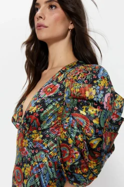 Floral Paisley Print Puff Sleeve V Neck Dress