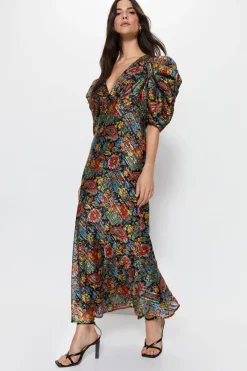 Floral Paisley Print Puff Sleeve V Neck Dress