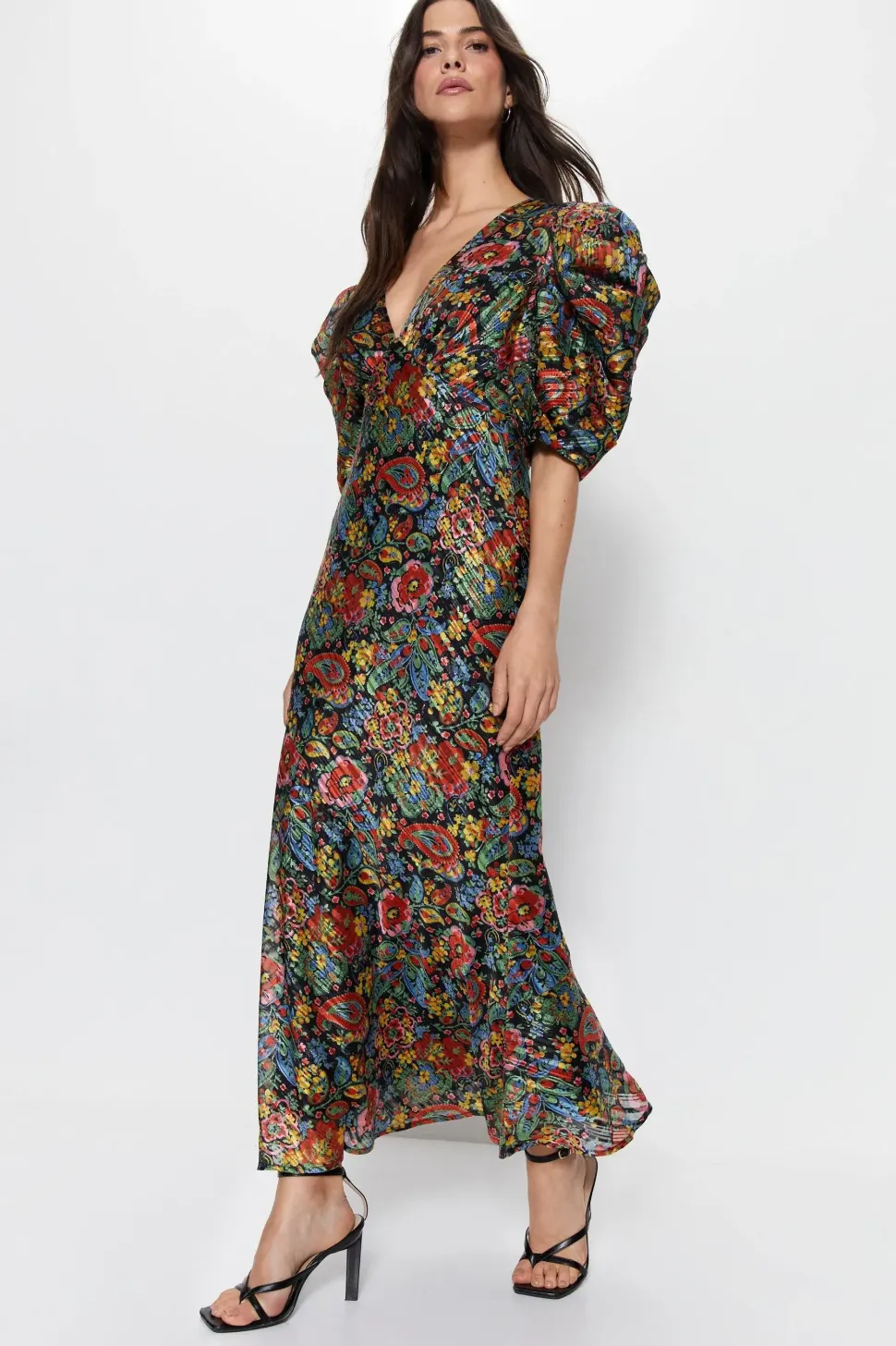 Floral Paisley Print Puff Sleeve V Neck Dress