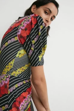 Floral Placement Frill Neck Midi Dress