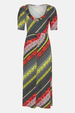 Floral Placement Frill Neck Midi Dress