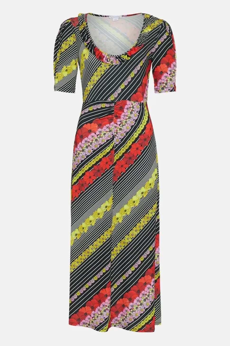 Floral Placement Frill Neck Midi Dress