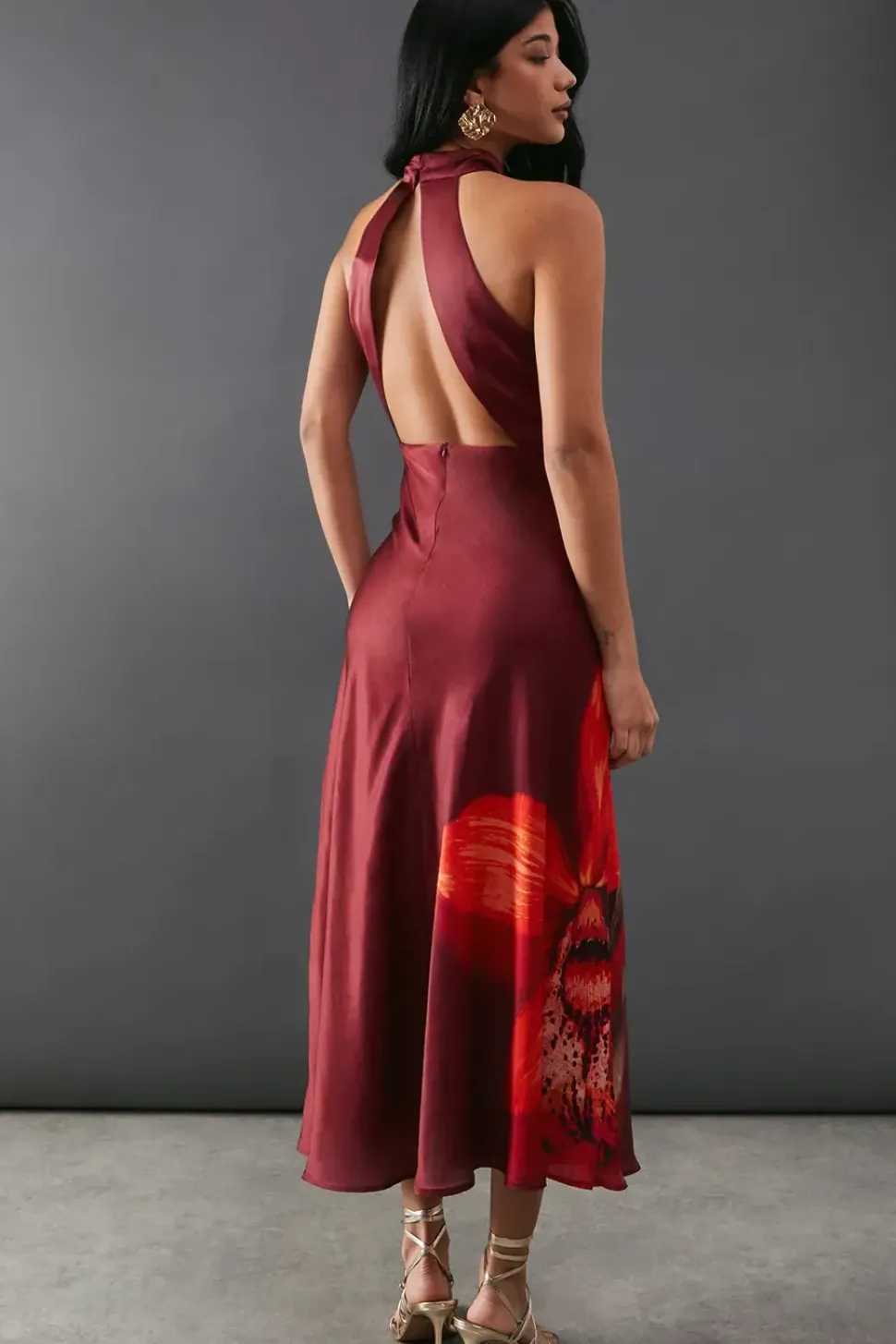 Floral Placement Print Open Back Midi Dress