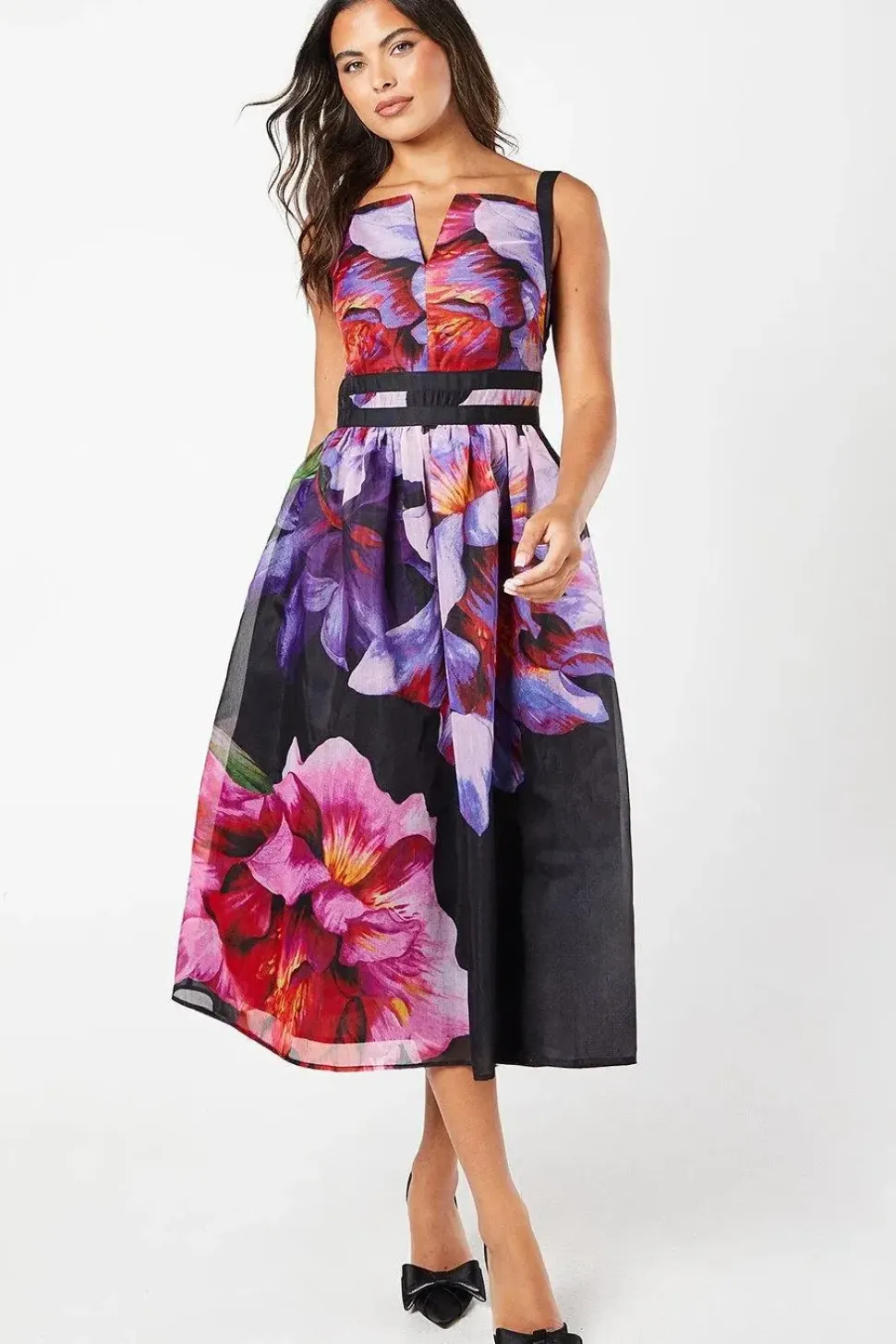 Floral Placement Print Ribbon Trim Midi Dress