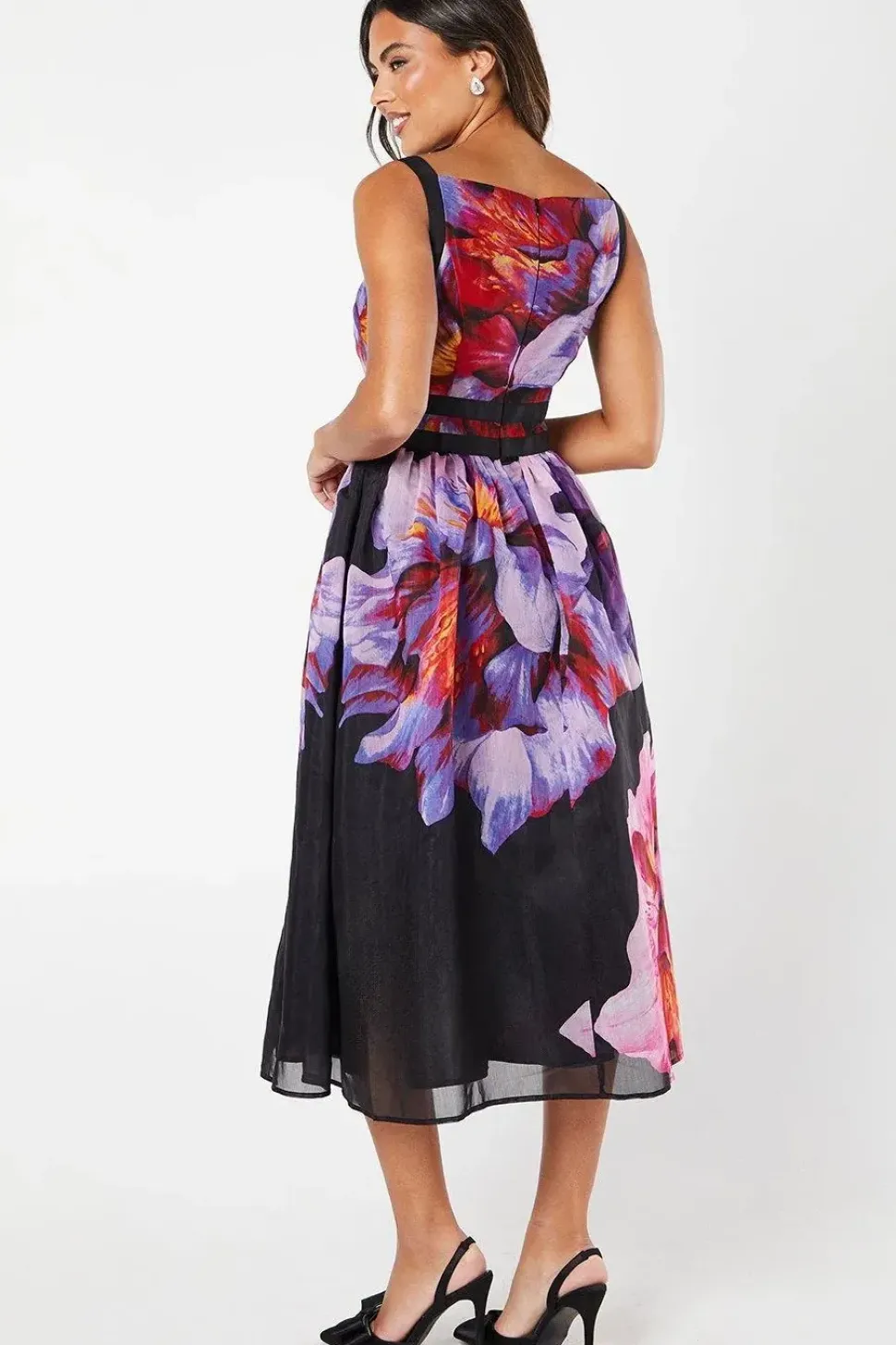 Floral Placement Print Ribbon Trim Midi Dress