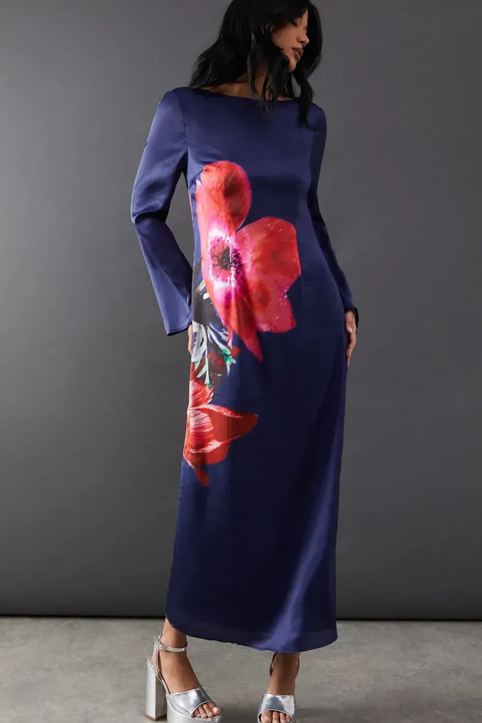 Floral Placement Print Satin Midi Dress