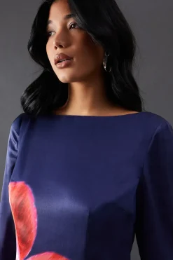 Floral Placement Print Satin Midi Dress