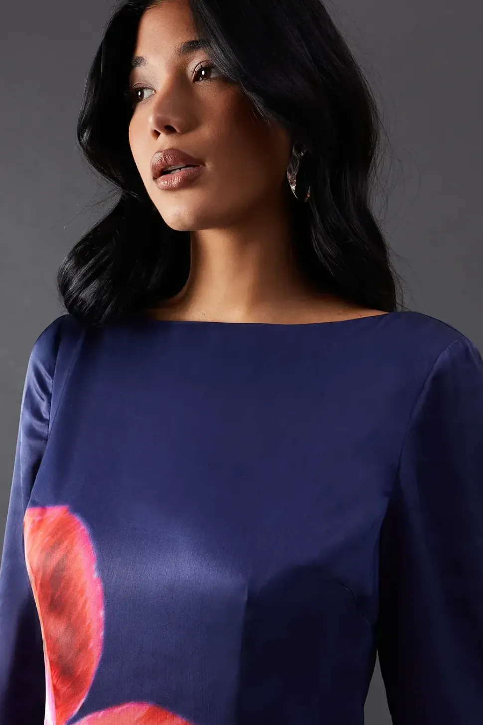 Floral Placement Print Satin Midi Dress