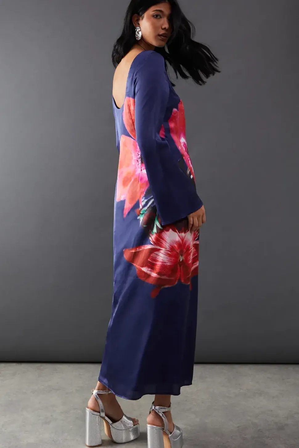 Floral Placement Print Satin Midi Dress