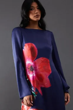 Floral Placement Print Satin Midi Dress