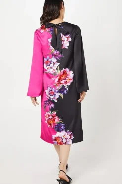 Floral Placement Print Satin Midi Wedding Guest Dress