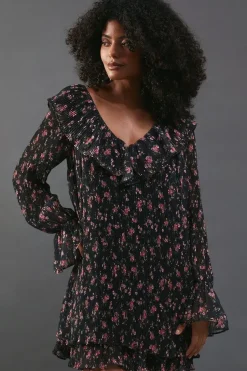 Floral Pleated Chiffon V Neck Mini Swing Dress