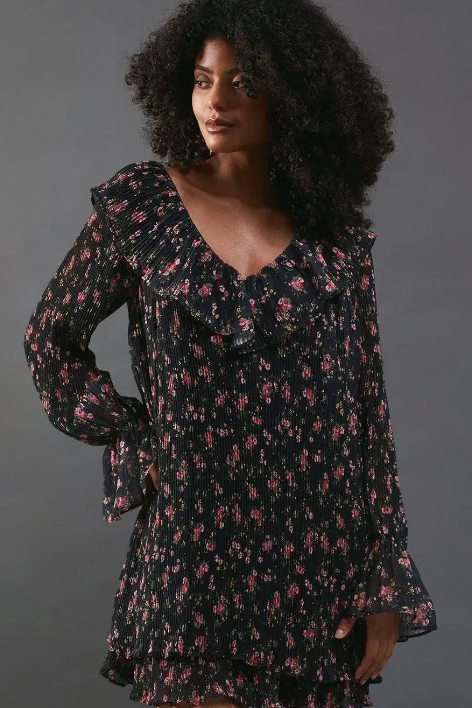 Floral Pleated Chiffon V Neck Mini Swing Dress