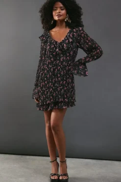 Floral Pleated Chiffon V Neck Mini Swing Dress