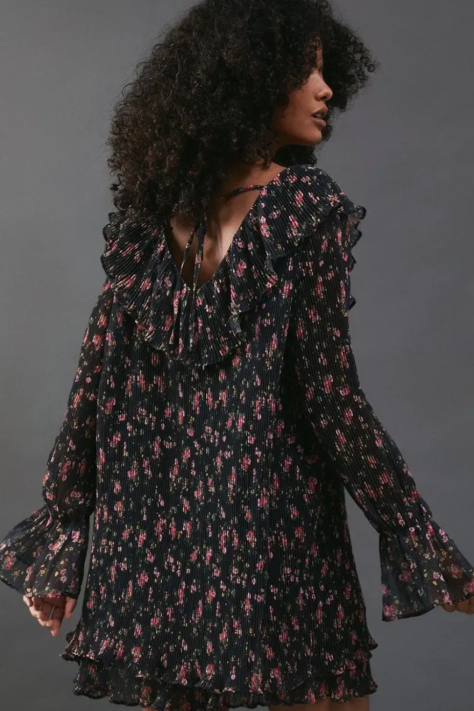 Floral Pleated Chiffon V Neck Mini Swing Dress