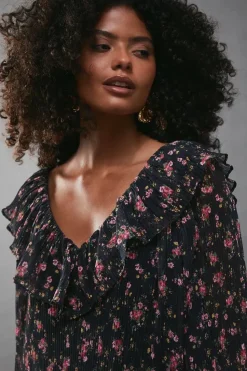 Floral Pleated Chiffon V Neck Mini Swing Dress