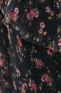 Floral Pleated Chiffon V Neck Mini Swing Dress