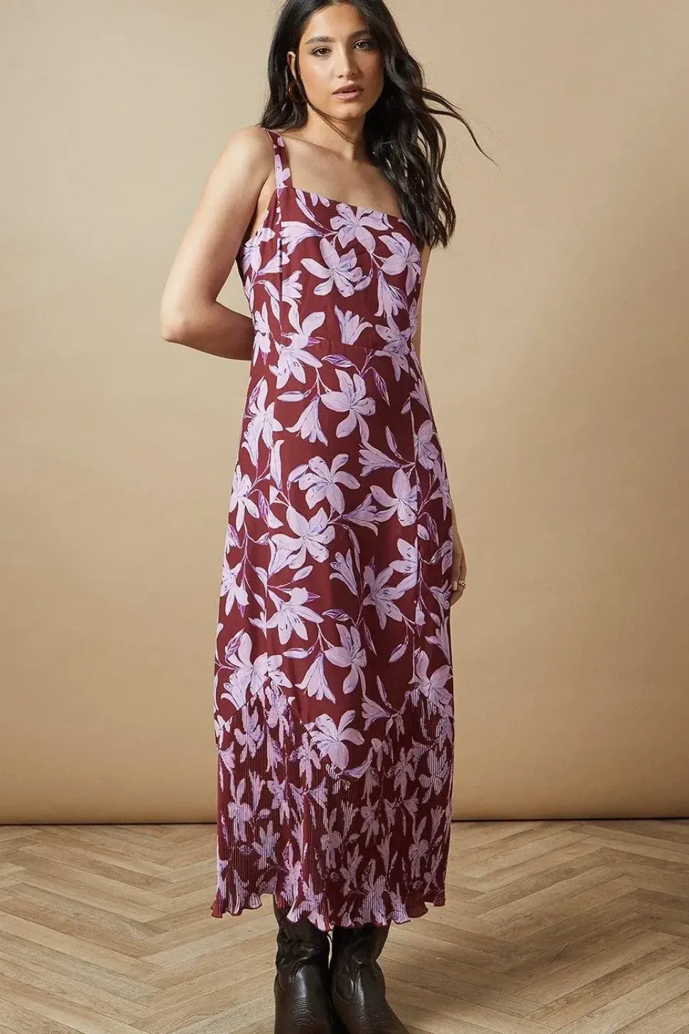 Floral Pleated Hem Fishtail Midaxi Dress
