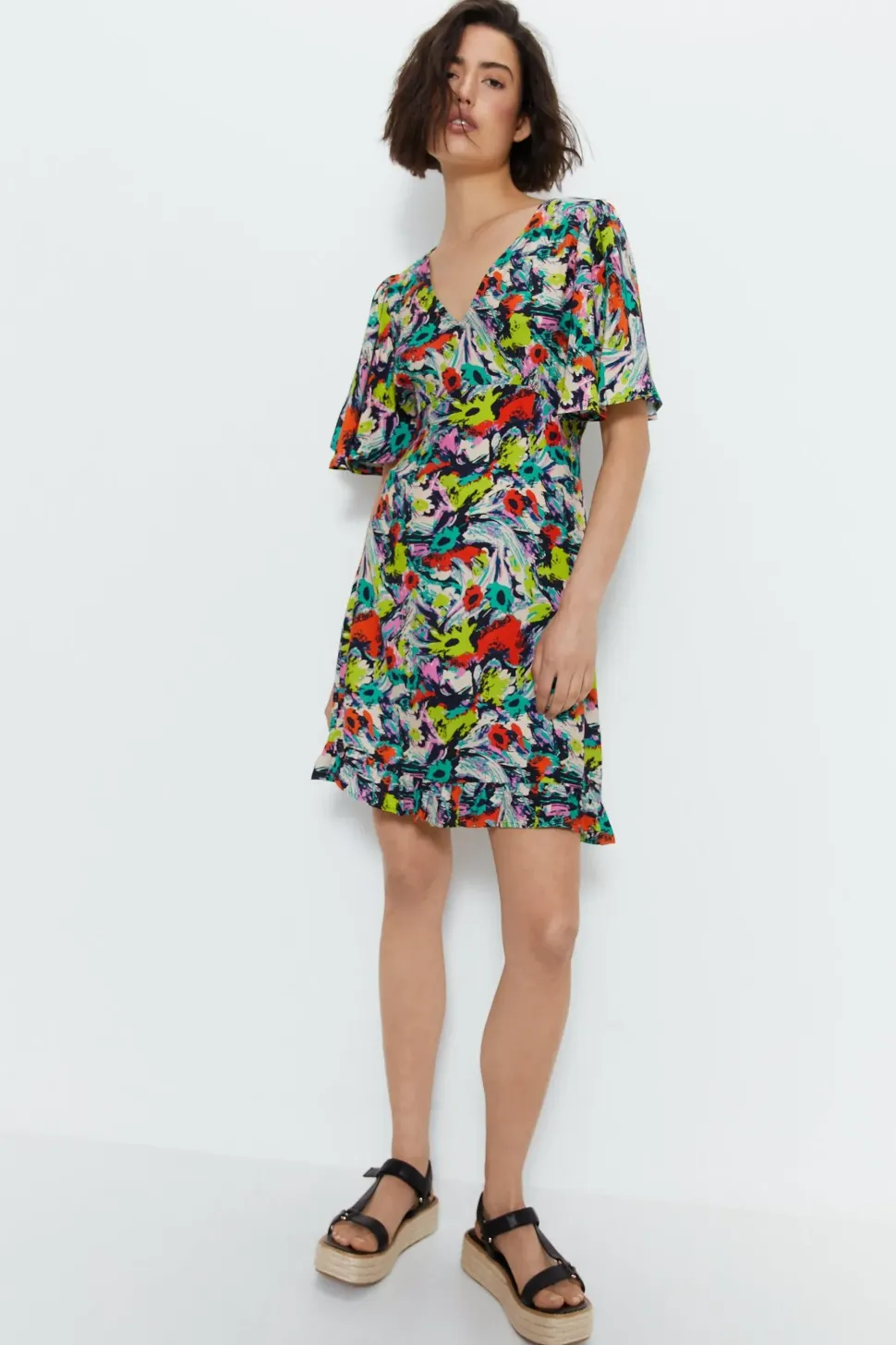 Floral Plunge Angel Sleeve Mini Dress