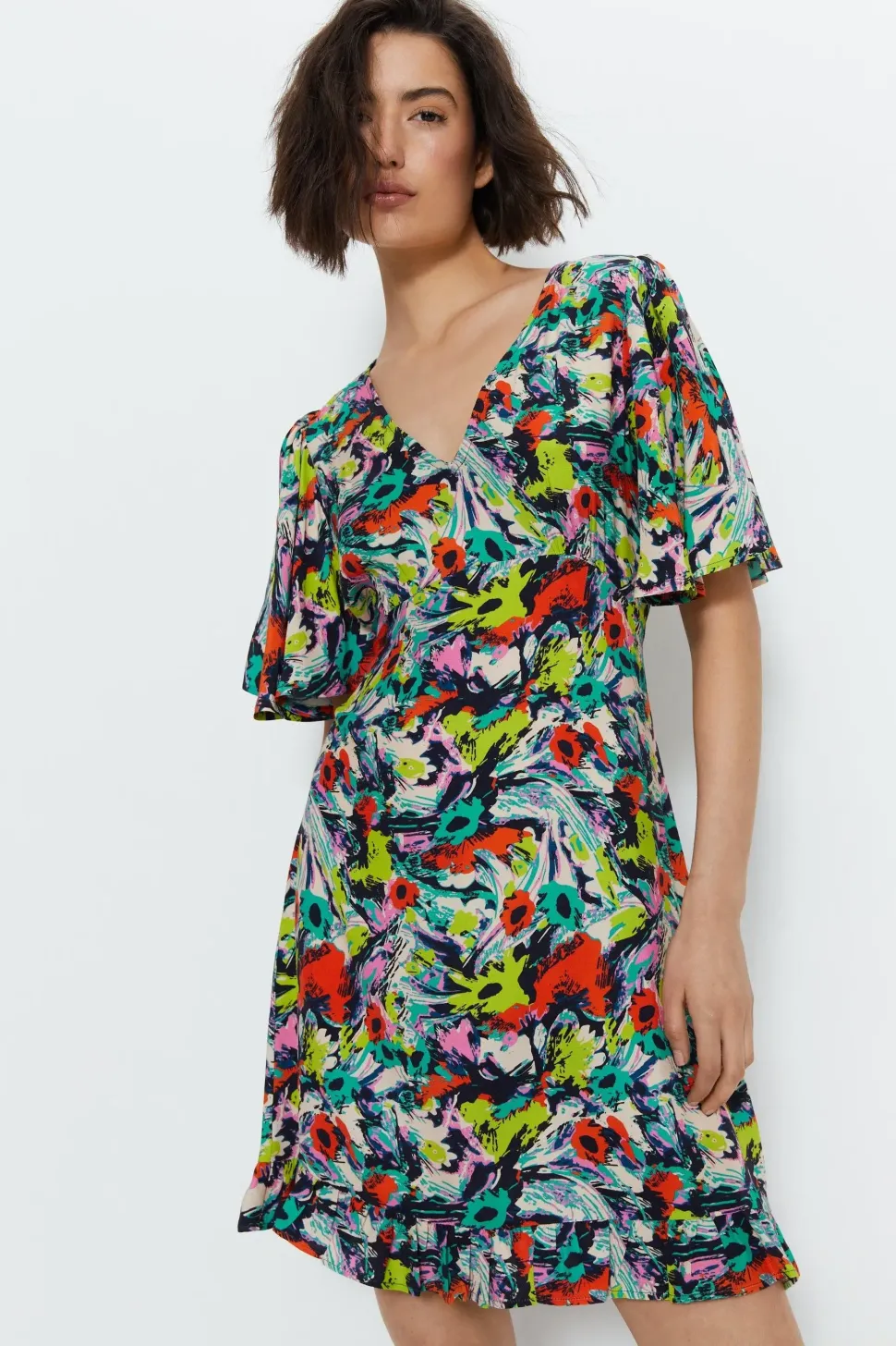 Floral Plunge Angel Sleeve Mini Dress