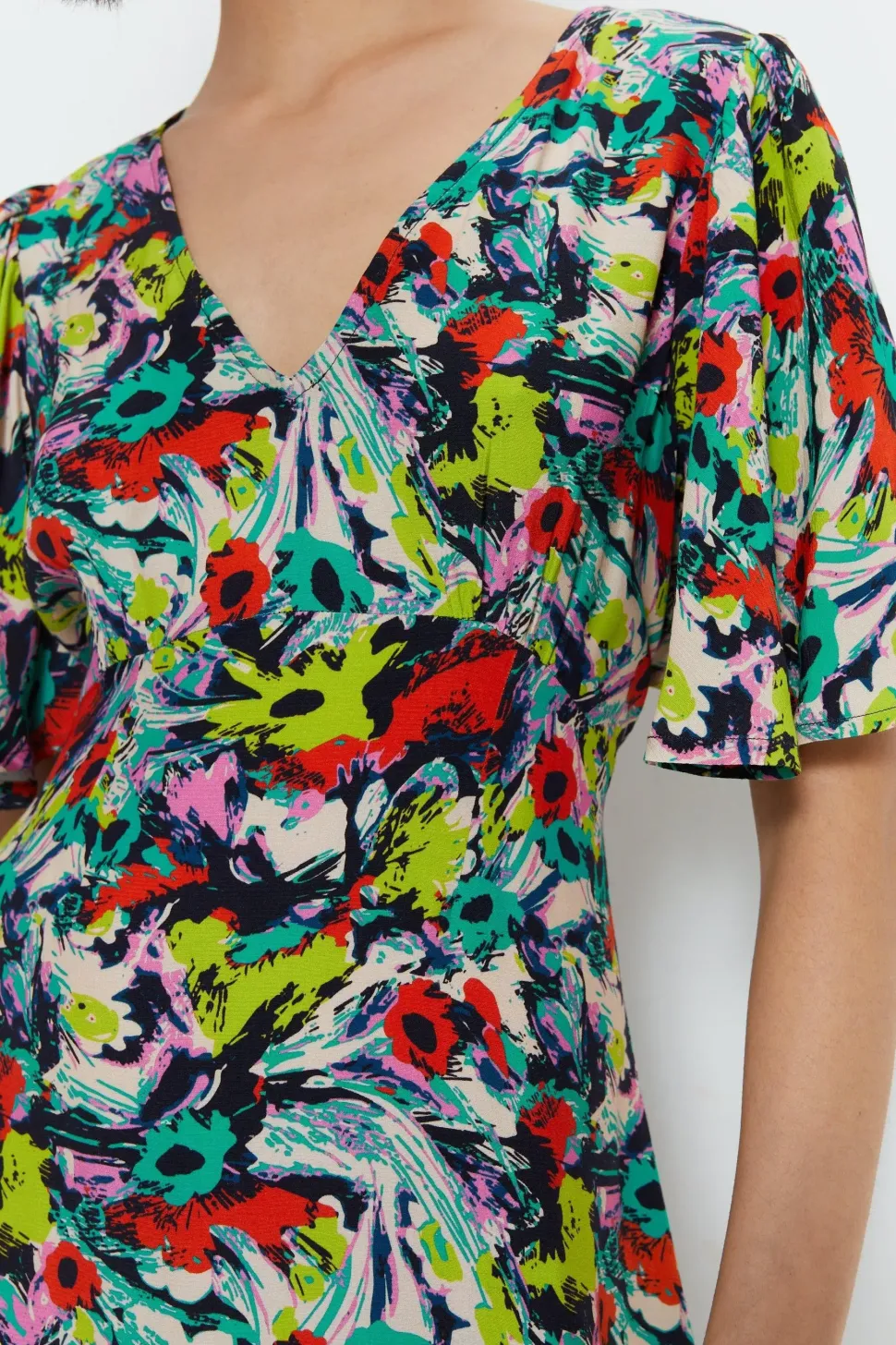 Floral Plunge Angel Sleeve Mini Dress