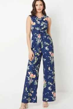 Floral Poly Moss Crepe Ruched Front Wide Leg Jumpsuit