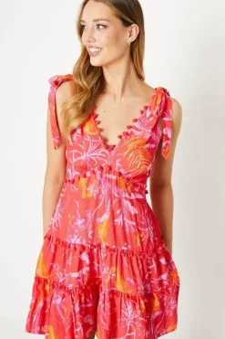 Floral Pom Pom Trim Tie Shoulder Crinkle Mini Dress