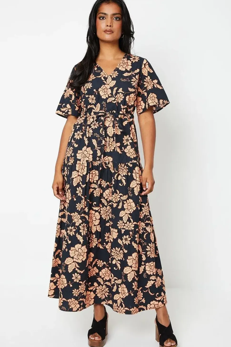 Floral Poplin Channel Waist Tiered Midi Dress