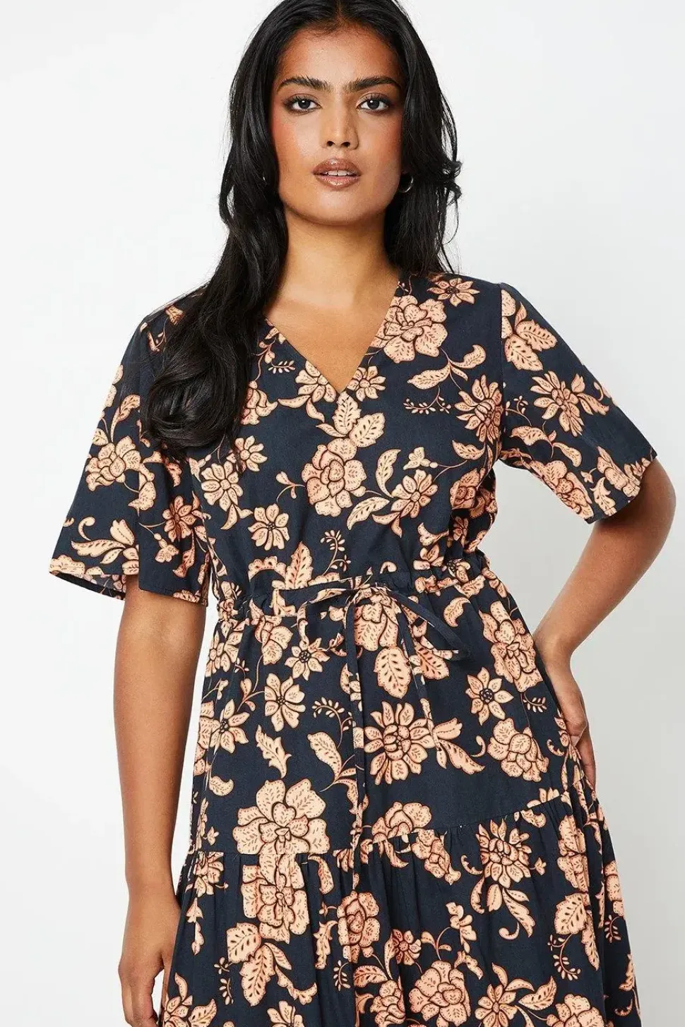 Floral Poplin Channel Waist Tiered Midi Dress