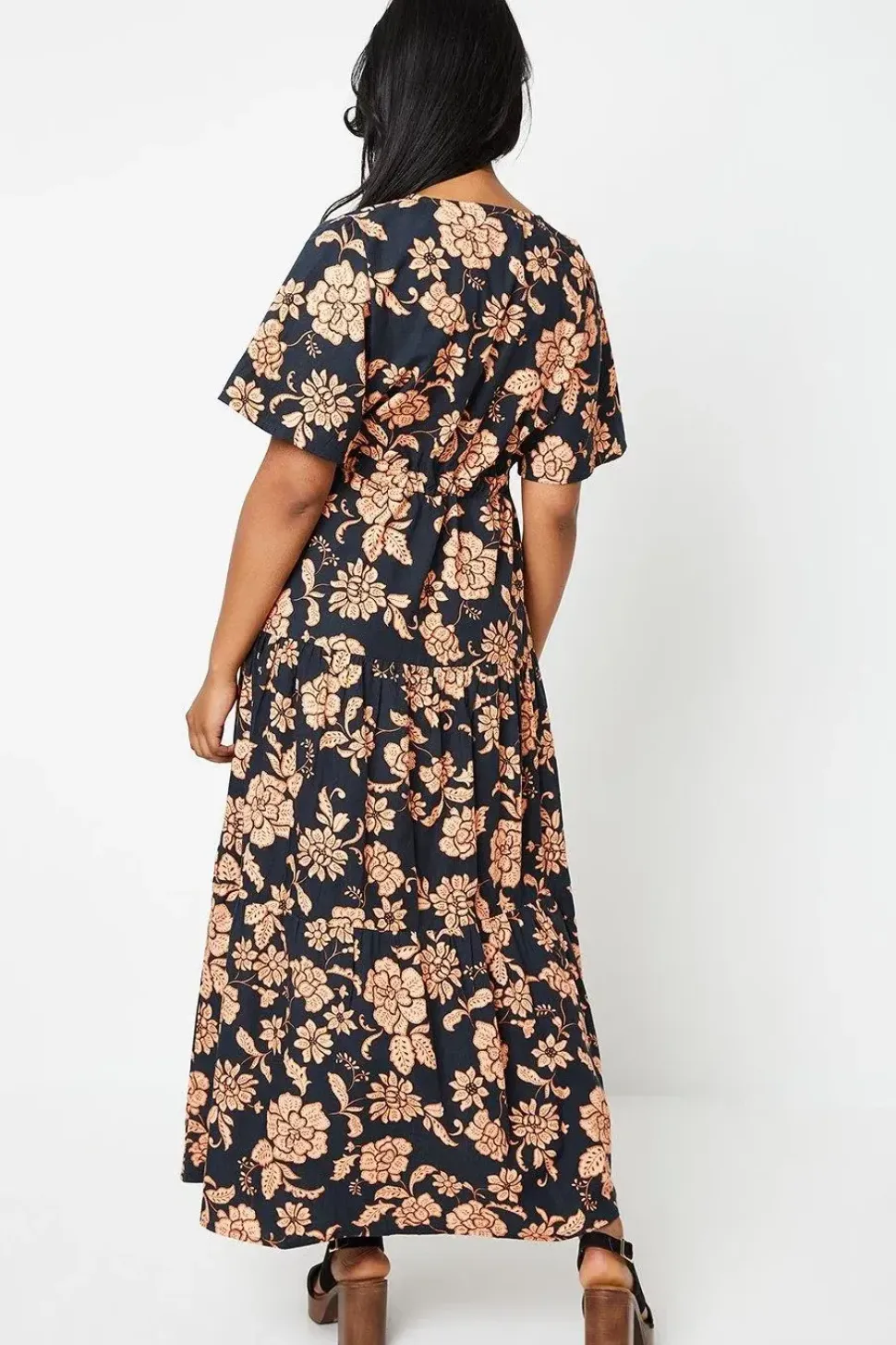 Floral Poplin Channel Waist Tiered Midi Dress