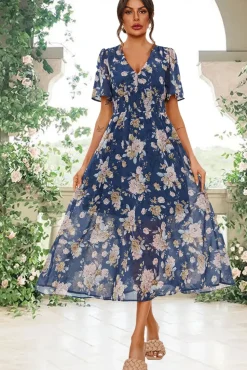 Floral Print Angel Sleeve Maxi Dress In Blue