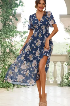Floral Print Angel Sleeve Maxi Dress In Blue
