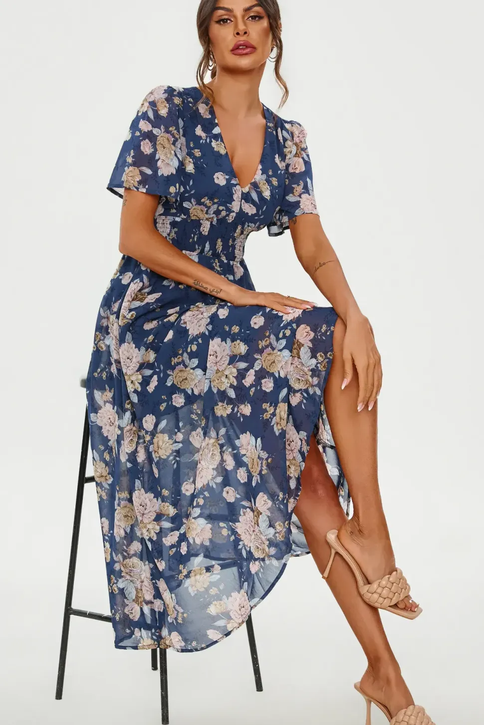 Floral Print Angel Sleeve Maxi Dress In Blue