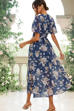 Floral Print Angel Sleeve Maxi Dress In Blue