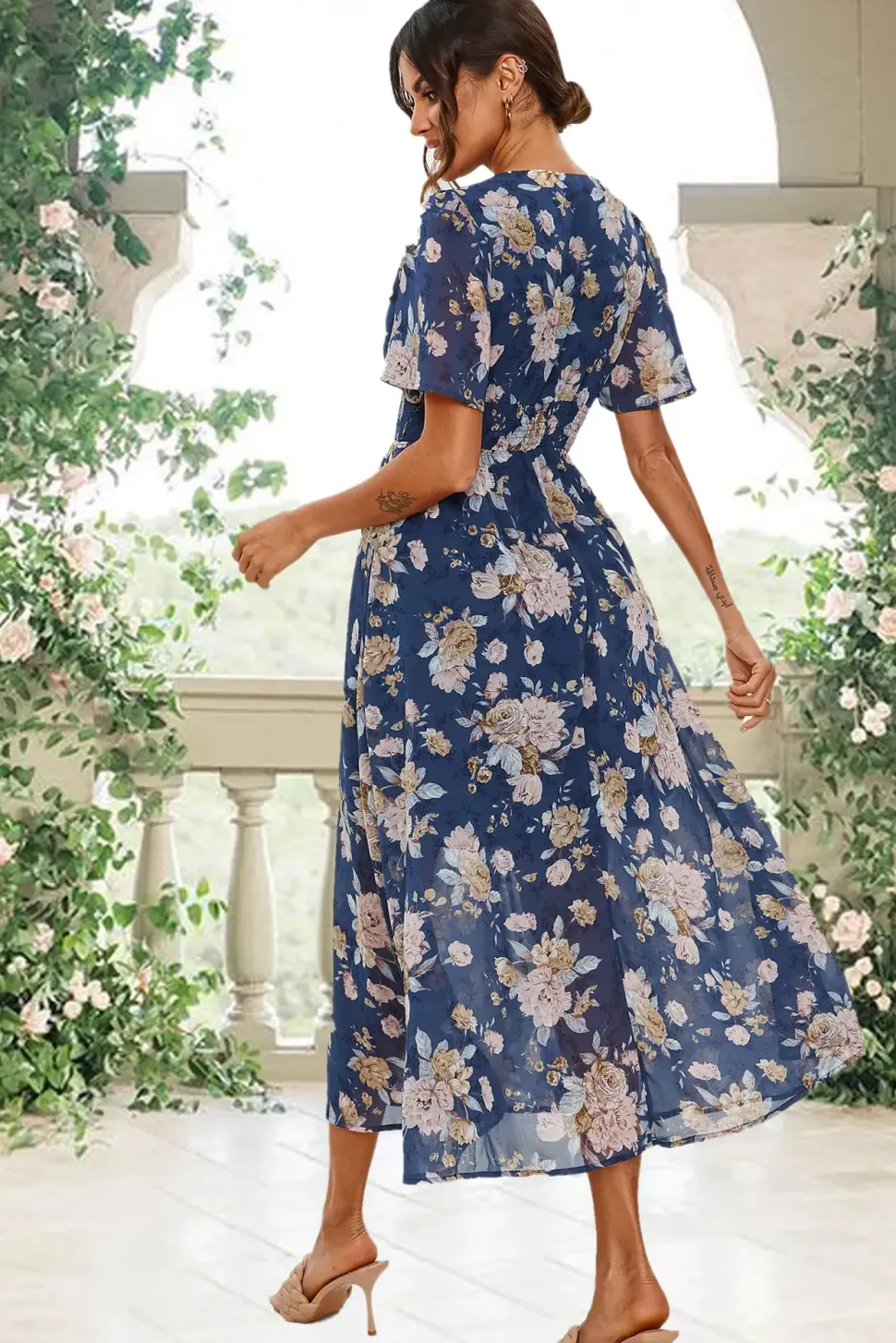 Floral Print Angel Sleeve Maxi Dress In Blue