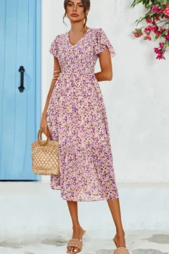 Floral Print Angel Sleeve Midi Dress In Purple