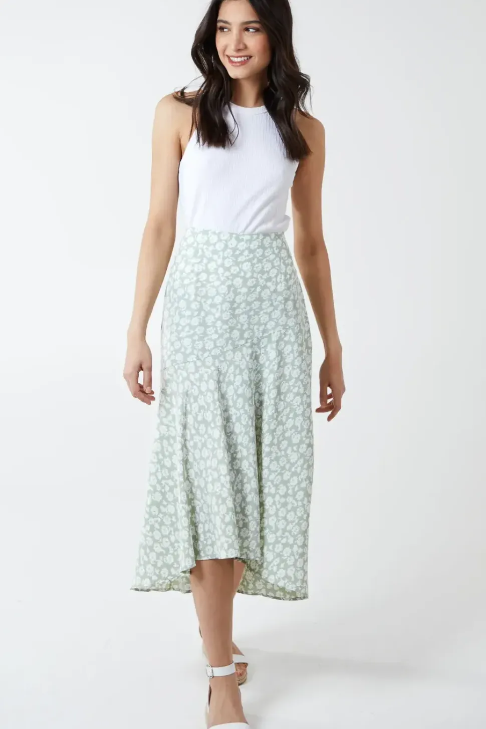 Floral Print Asymmetric Midi Skirt