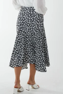 Floral Print Asymmetric Midi Skirt
