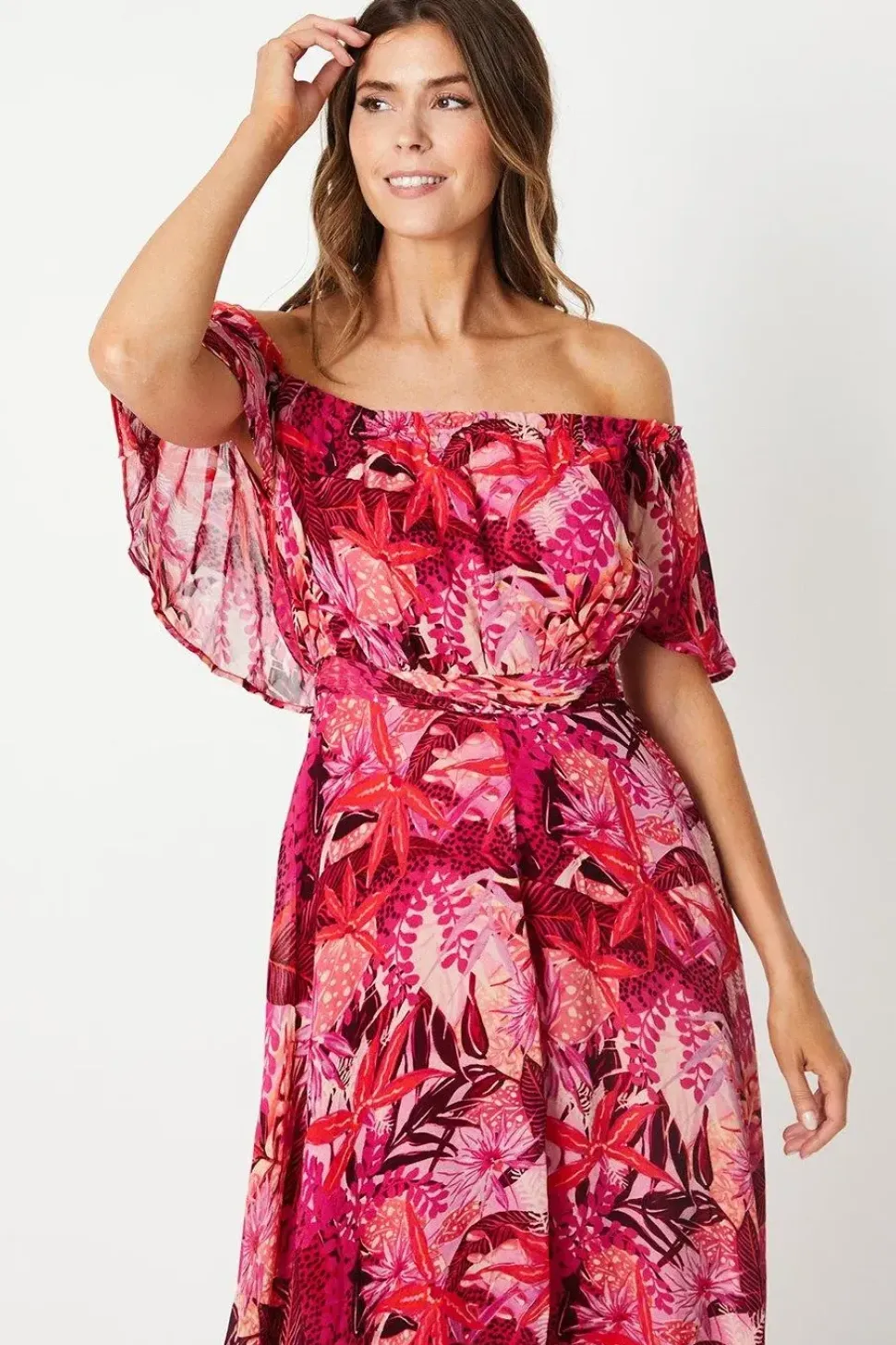 Floral Print Bardot Ruffle Midaxi Dress