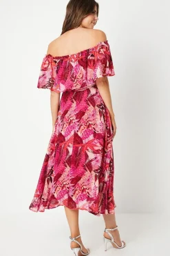 Floral Print Bardot Ruffle Midaxi Dress