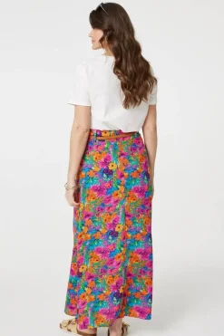 Floral Print Belted A-Line Maxi Skirt